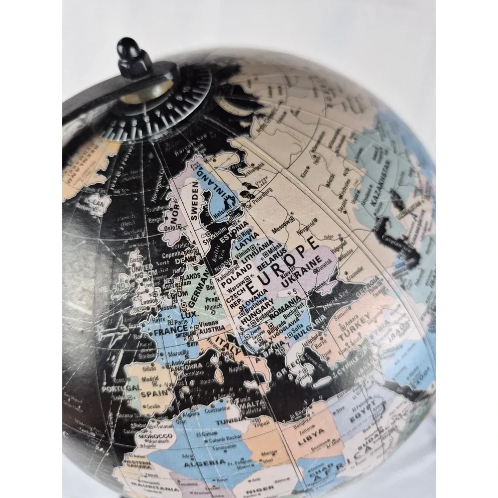 Vintage Tilted Black Ocean Globe USSR Yugoslavia Serbia Wrought Iron Stand 16